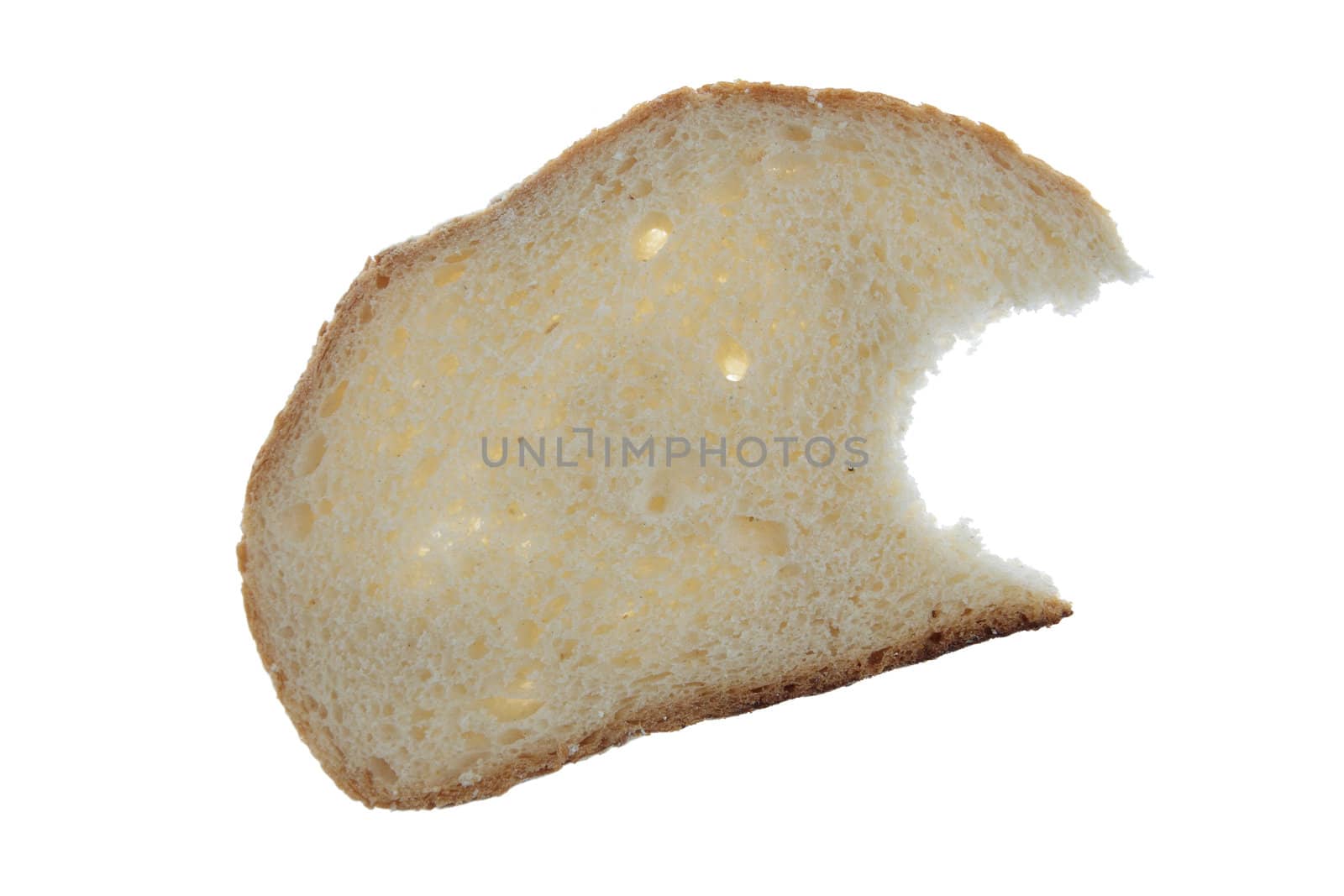 Slice of whole wheat bread biten isolated on white background
