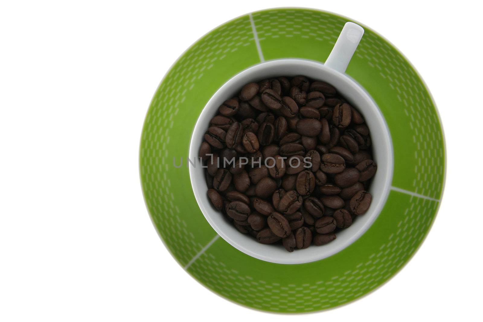 Cup full of coffee beans isolated on white background