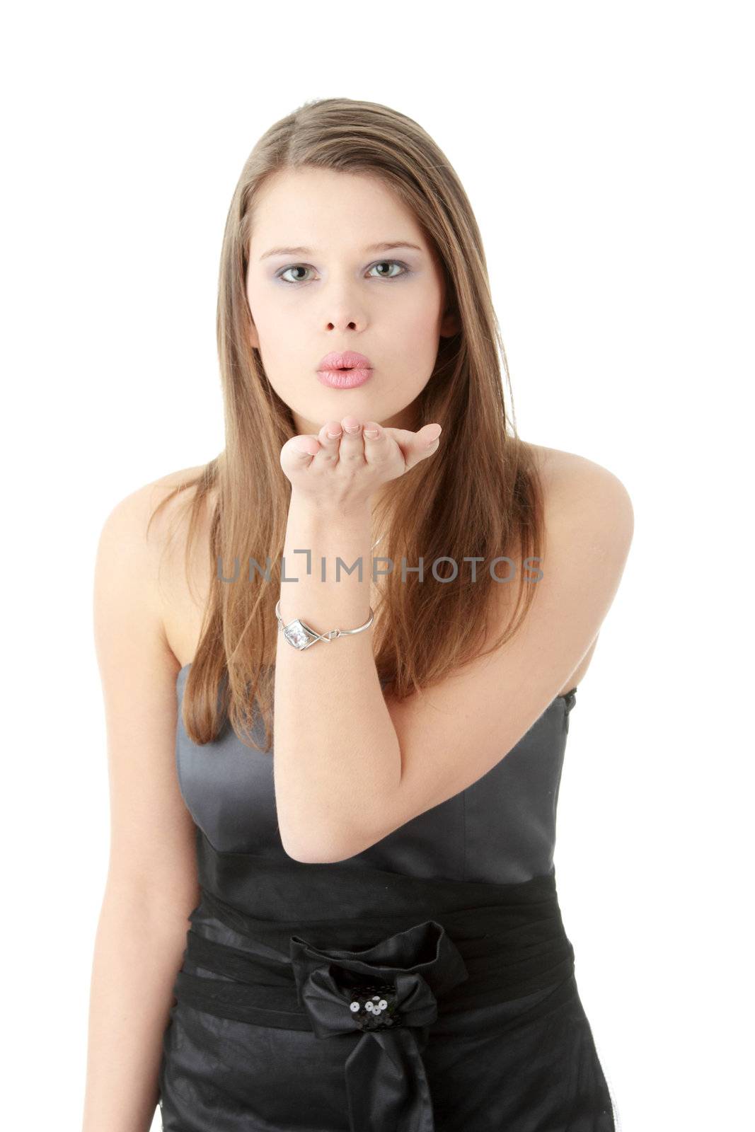 Young elegant woman in black dress, isolated on white