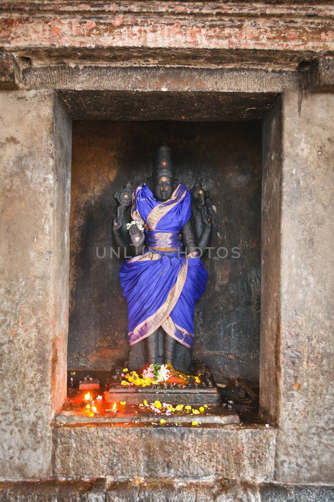 Vishnu  image, bas relief in Hindu temple. Brihadishwara temple. Thanjavur, Tamil Nadu, India