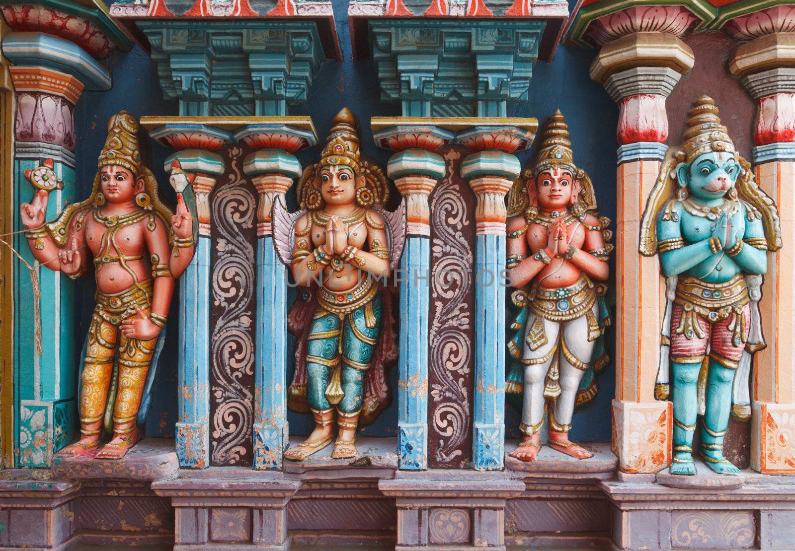 Hanuman statues in Hindu Temple. Sri Ranganathaswamy Temple. Tir by dimol