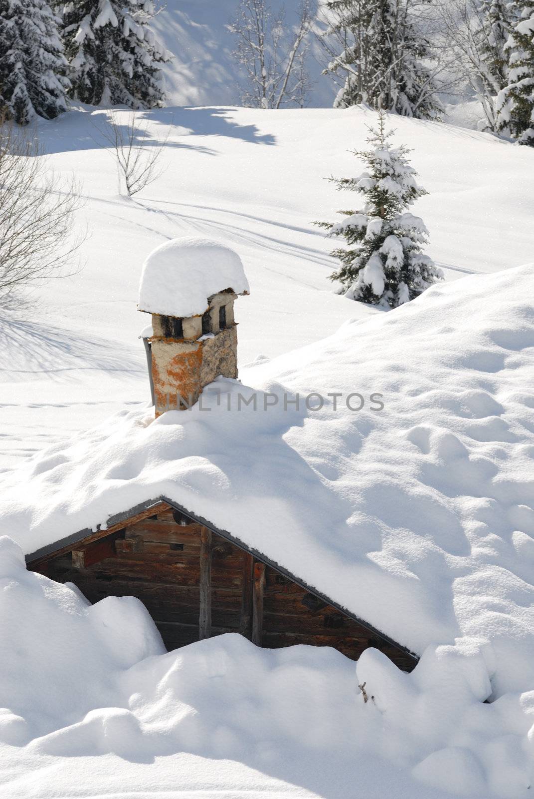 Chalet under the snow in french alps in winter