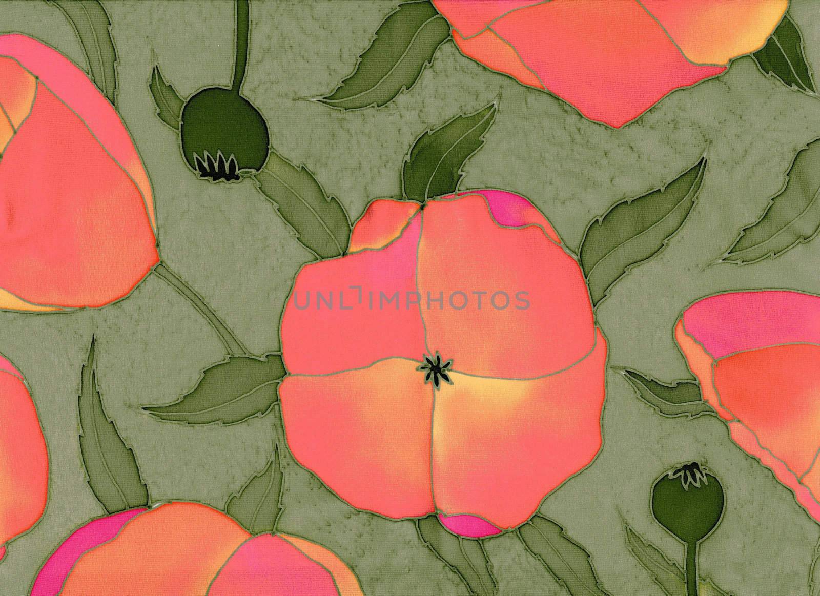 Image of my artwork with a red poppiess on green background 