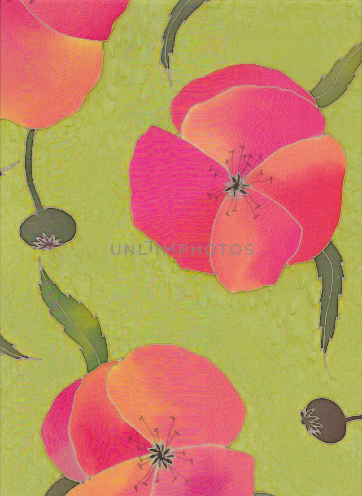 Image of my artwork with a red poppies on green background 