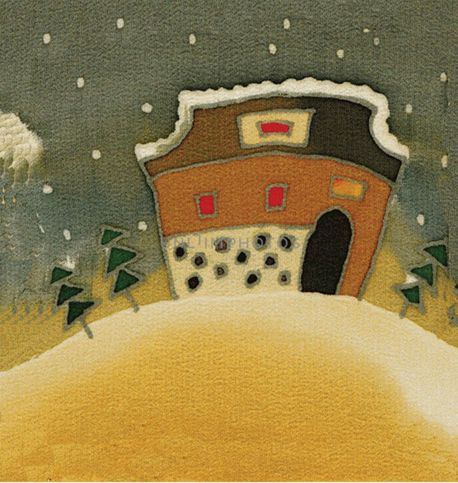 decorative christmas card with small snow house