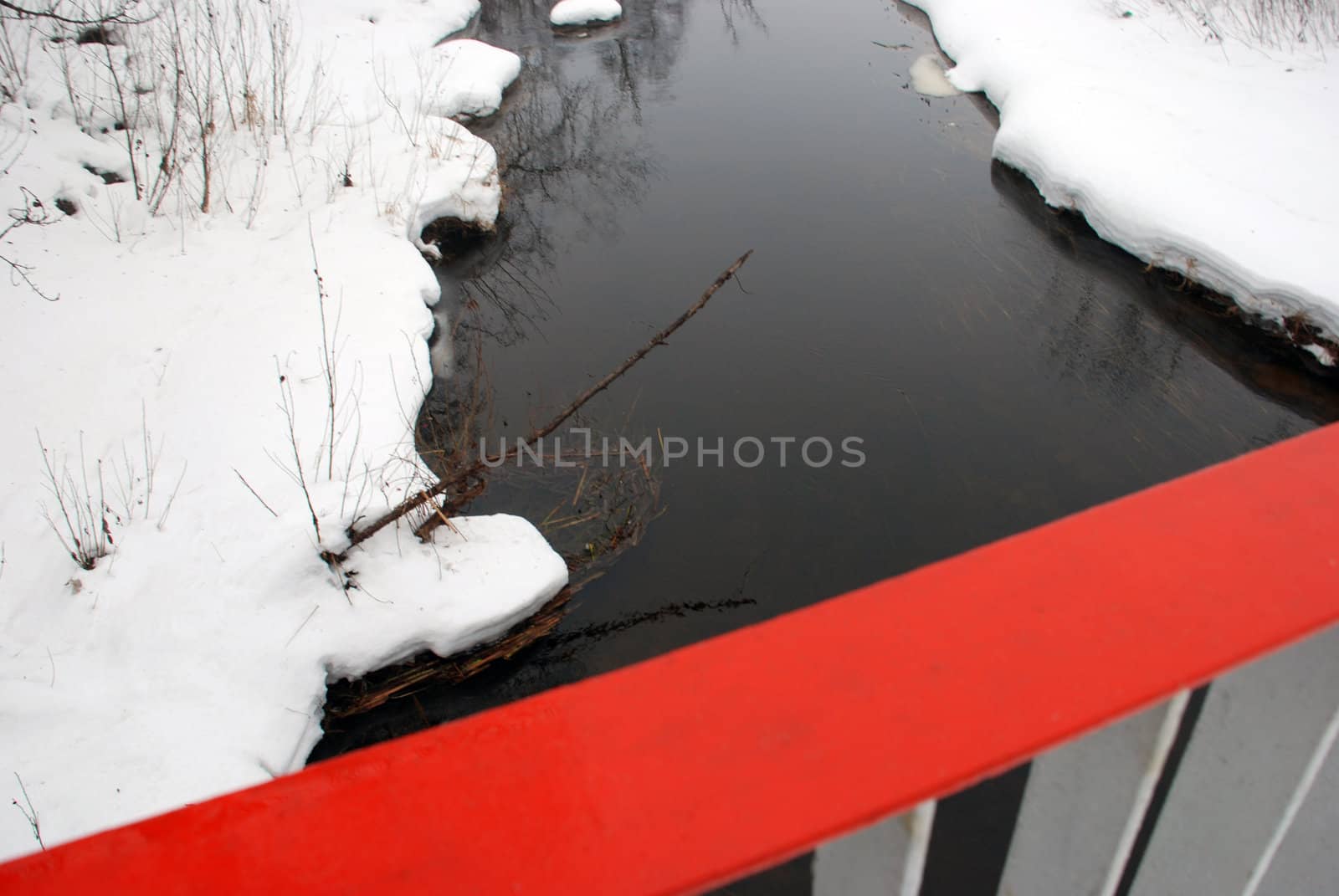 Wildwater river in cold winter visible from bridge through it