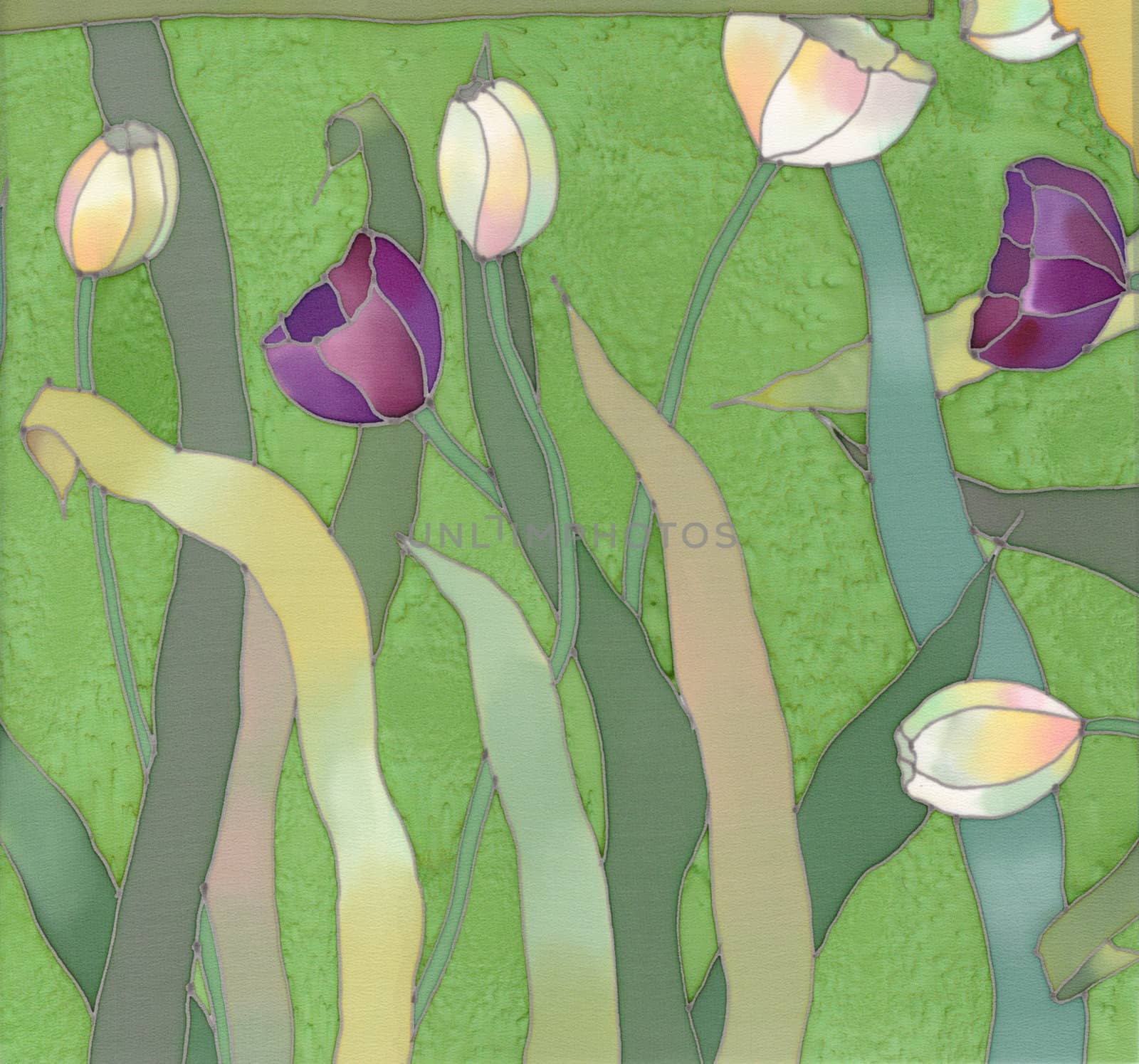 Image of my artwork with a tulips on green background