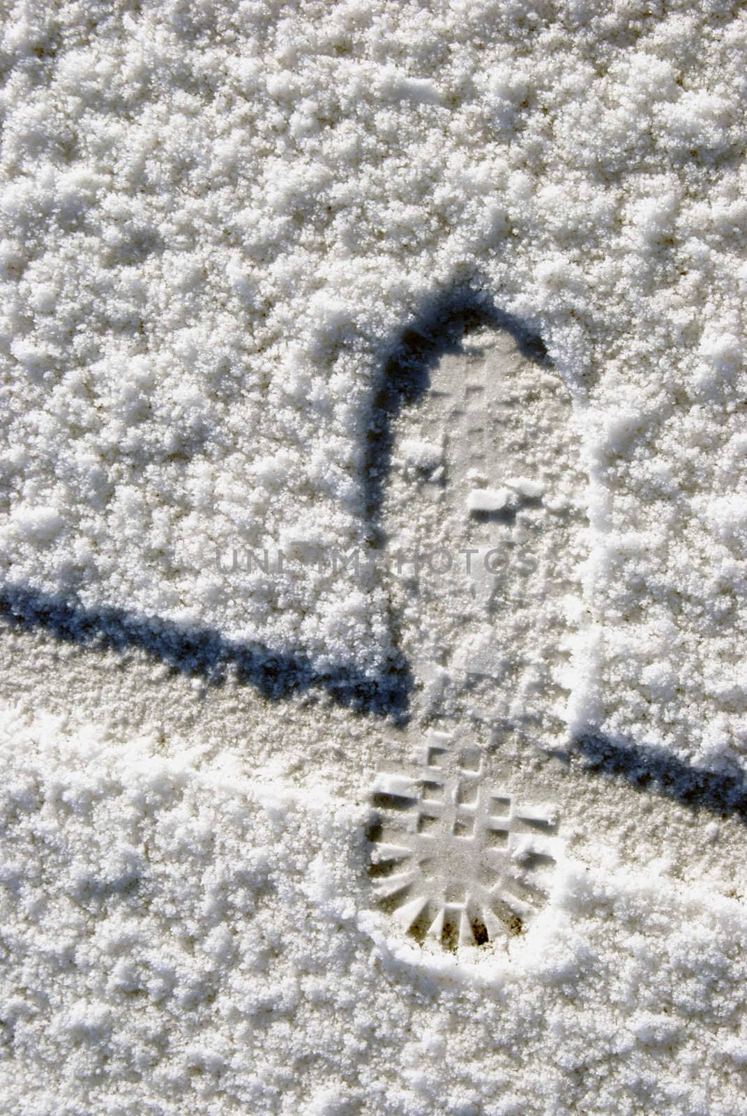 Human foot and bicycle wheel imprint in the snow