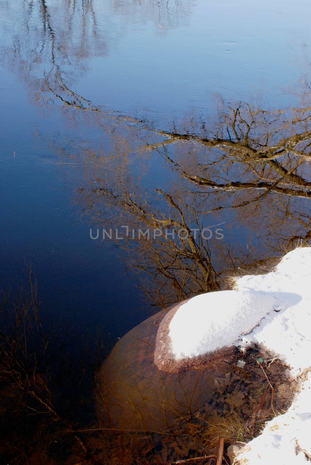 Rock covered with snow and tree branches in the river reflections