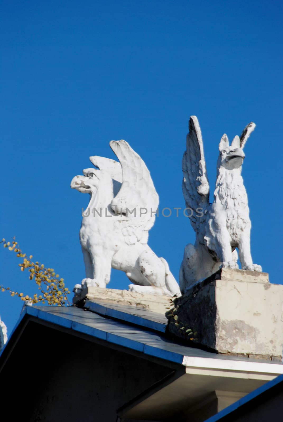 Two winged griffin's on the roof of an old building