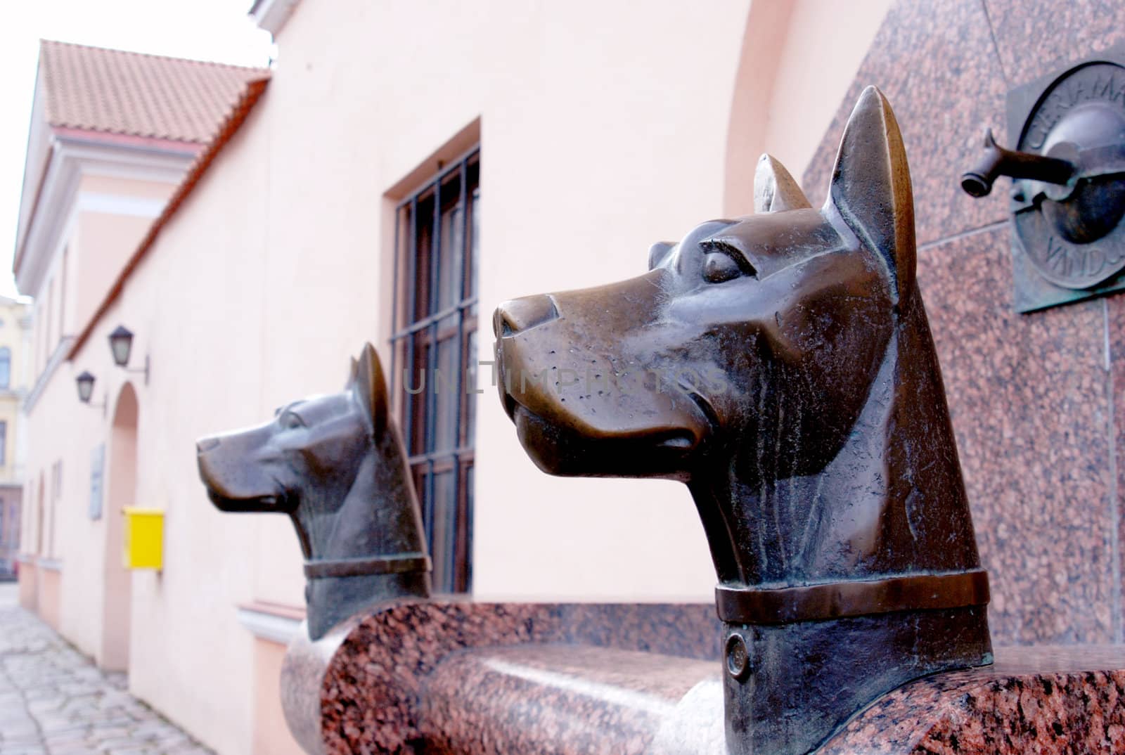 Sculptures of two metal dog heads near the water tap in the street