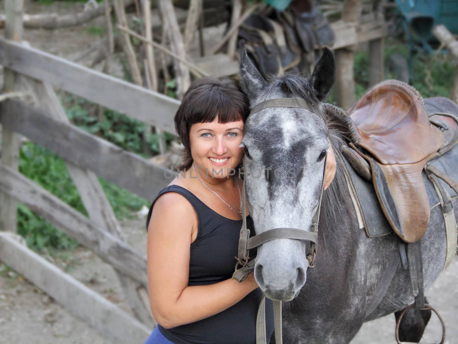 Portrait happy smiling woman with horse by Julialine