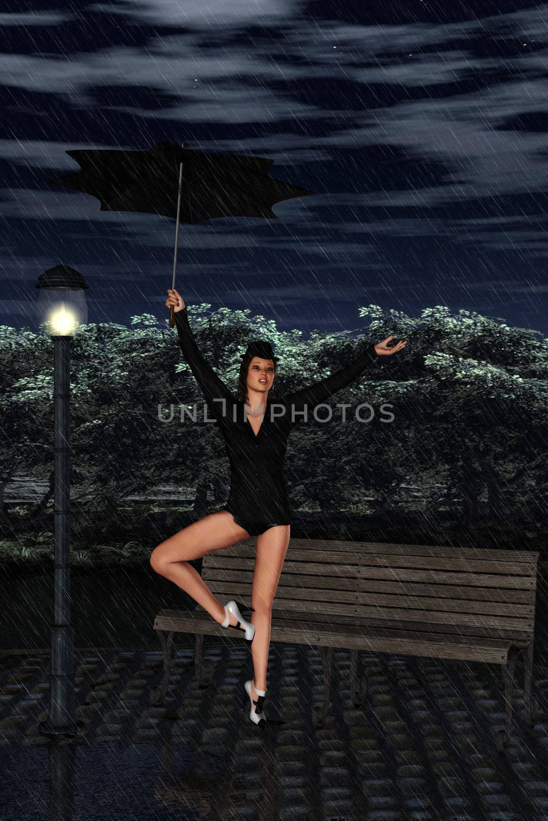 A beauty woman sings and dances in the rain