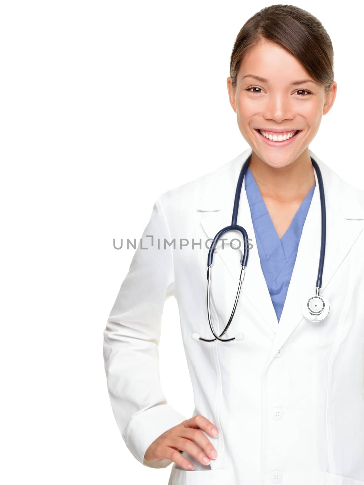 Medical people. Young asian doctor woman. Multiracial Asian / Caucasian woman medical professional isolated on white background.