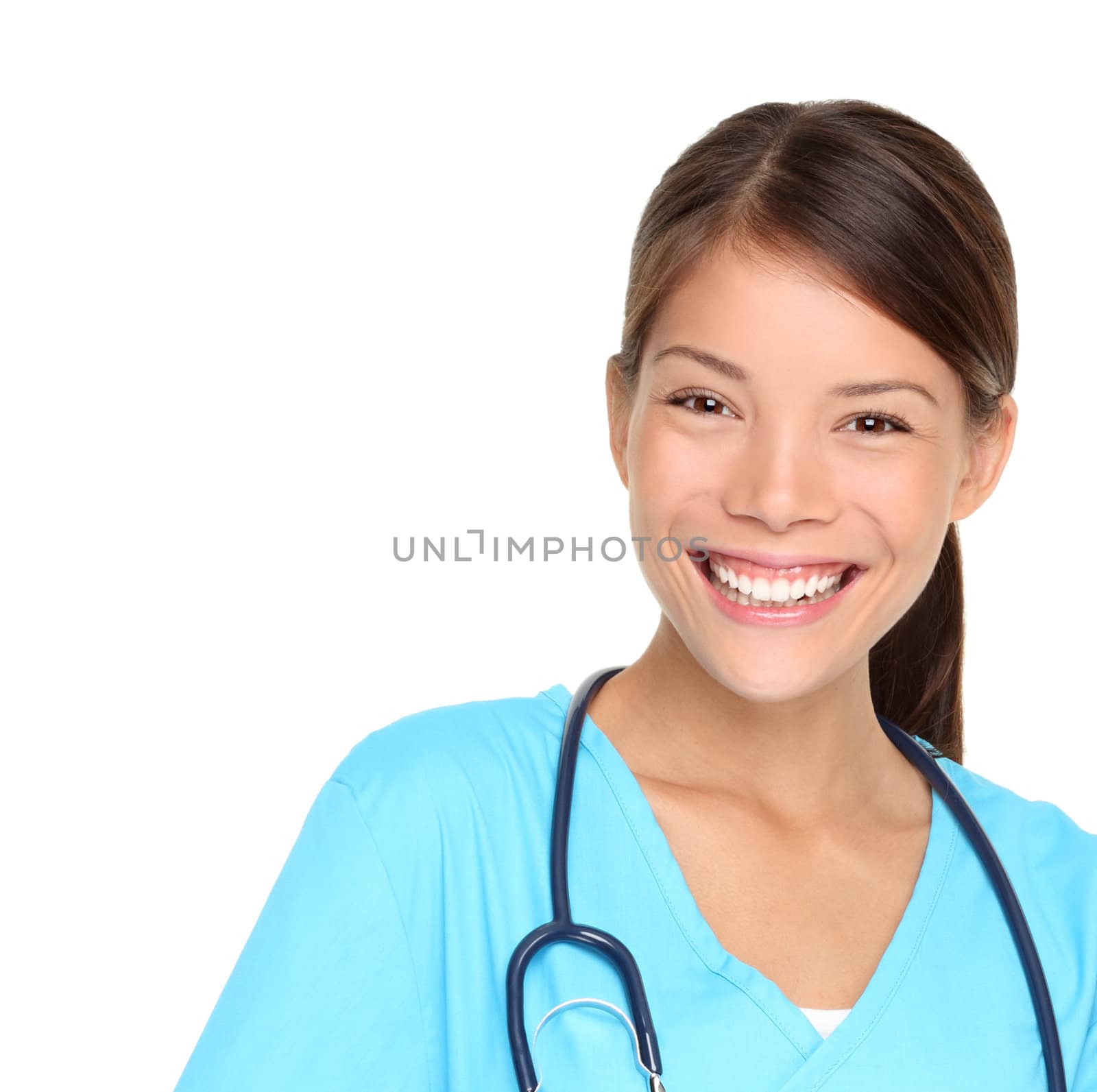 Nurse smiling portrait on white background.