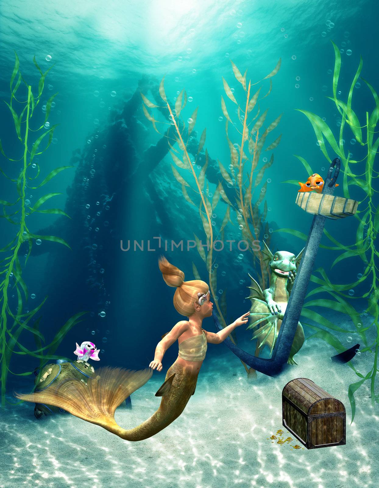 a little mermaid in the sea playing with their friends