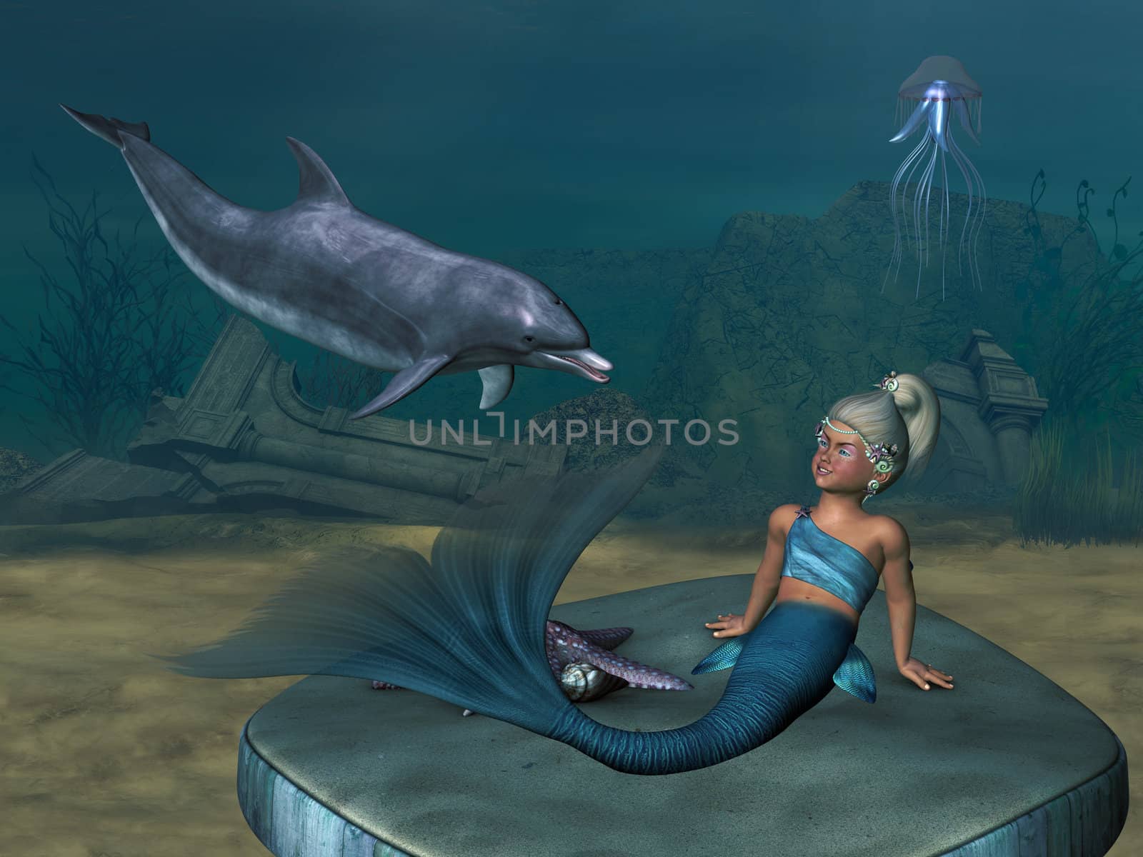 a little Mermaid with a dolphin