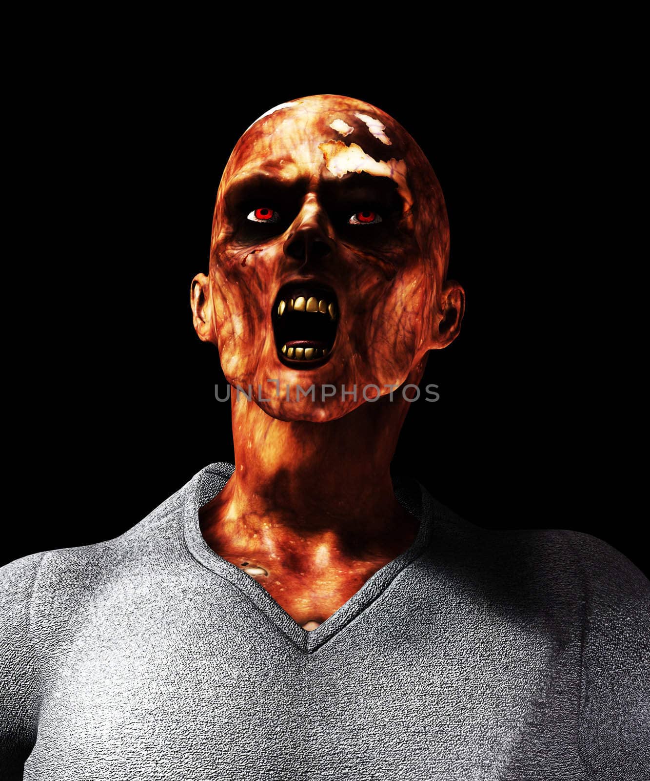 Close up view of a screaming rotten zombie.