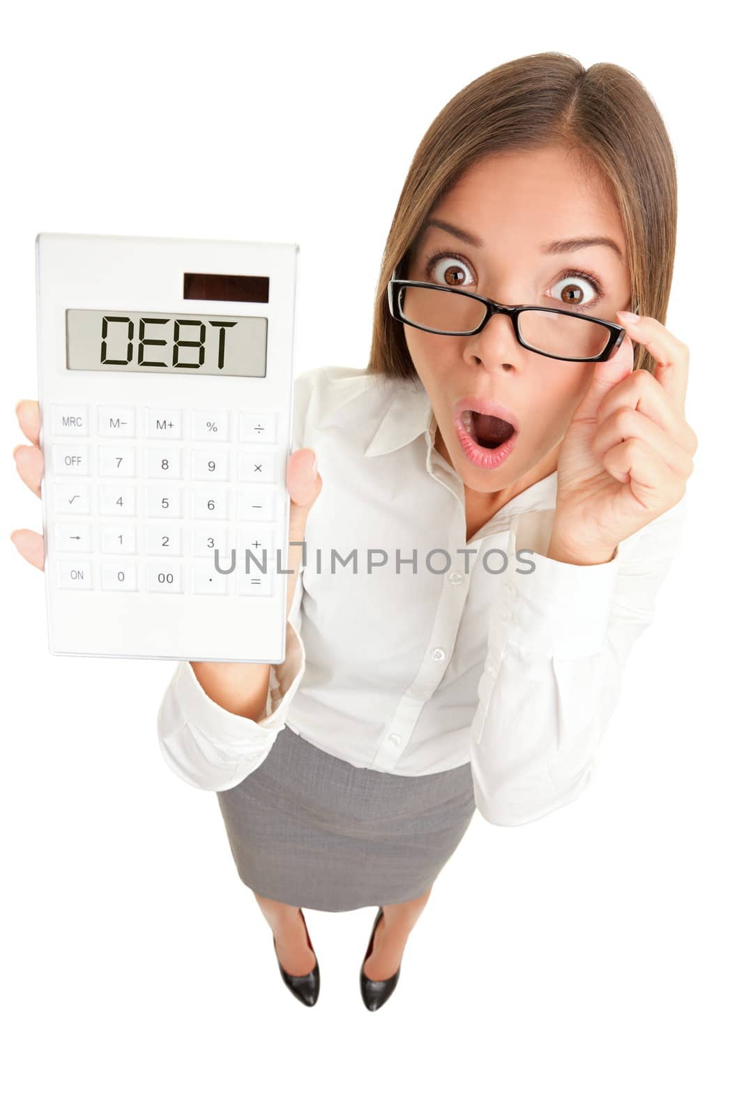 Debt and finance concept. Woman accountant showing calculator spelling DEBT. Funny image of Casual Asian Caucasian business woman isolated on white background.