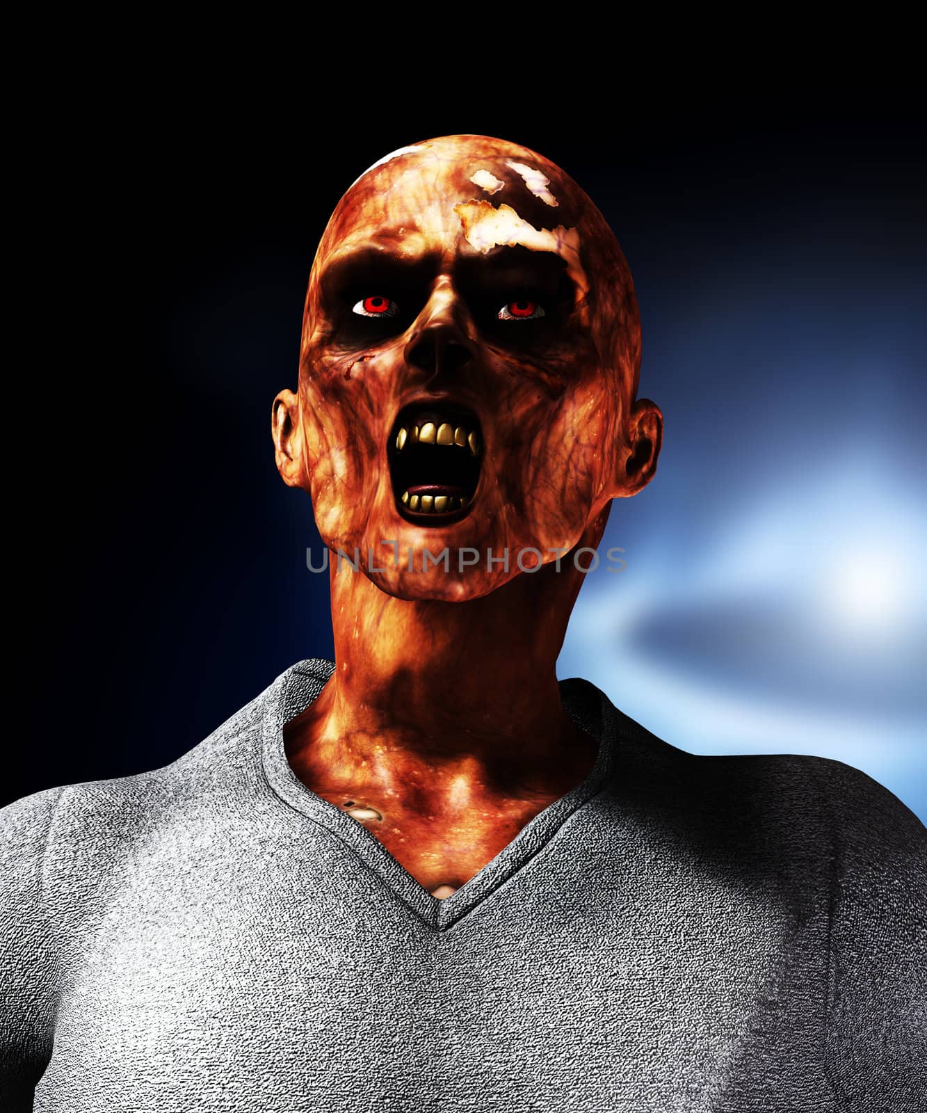 Close up view of a screaming rotten zombie.