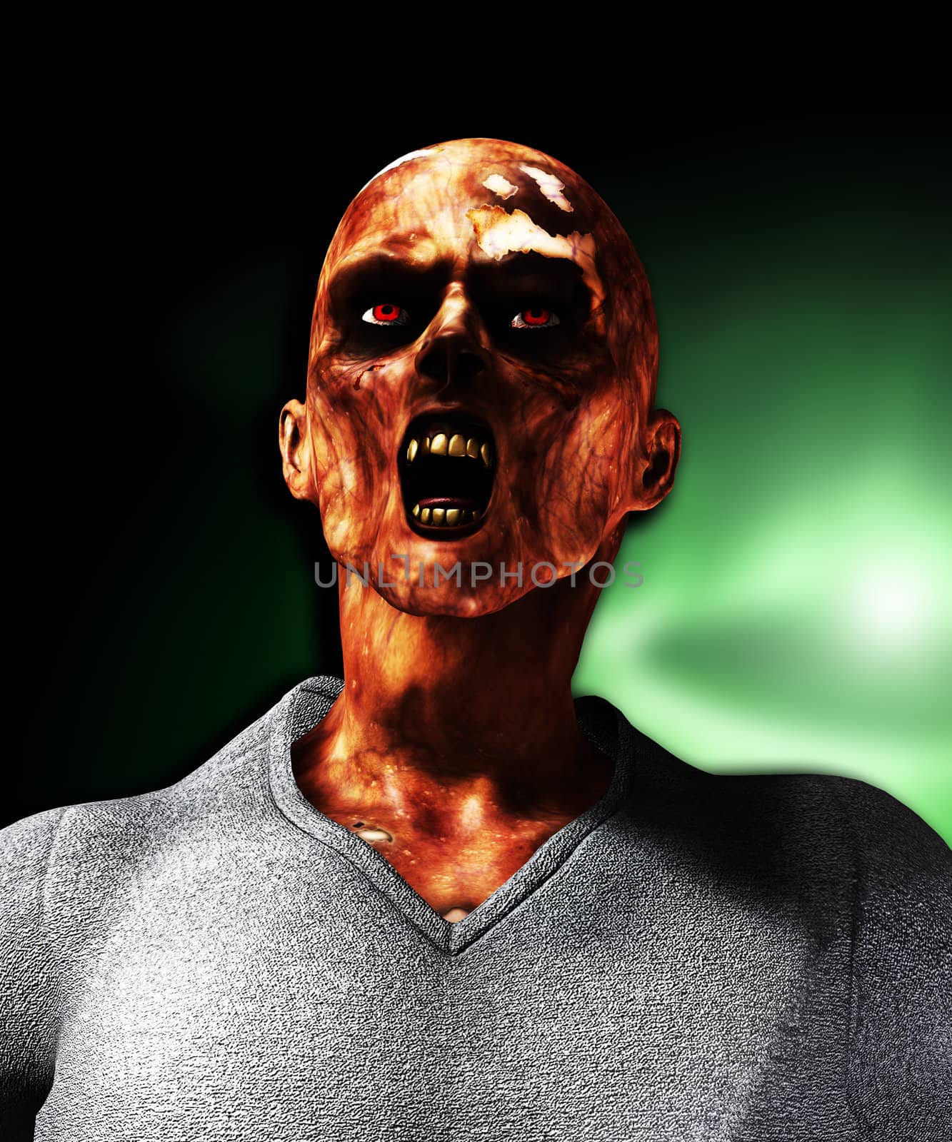 Close up view of a screaming rotten zombie.