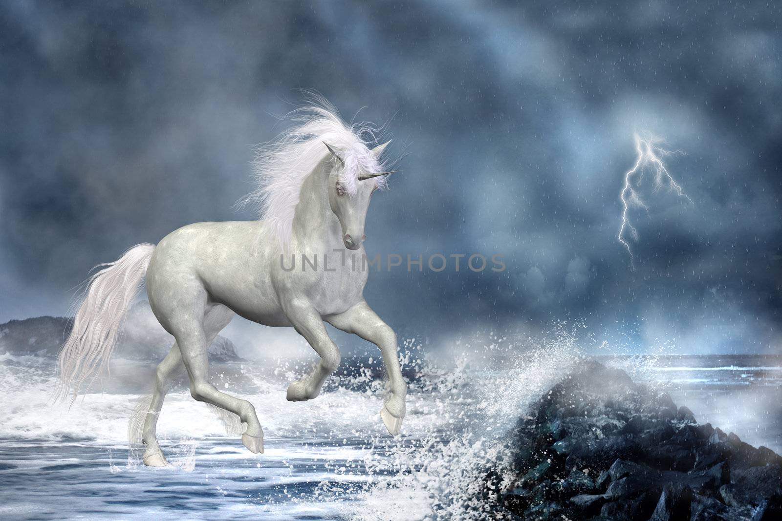 a white Unicorn wading in the water