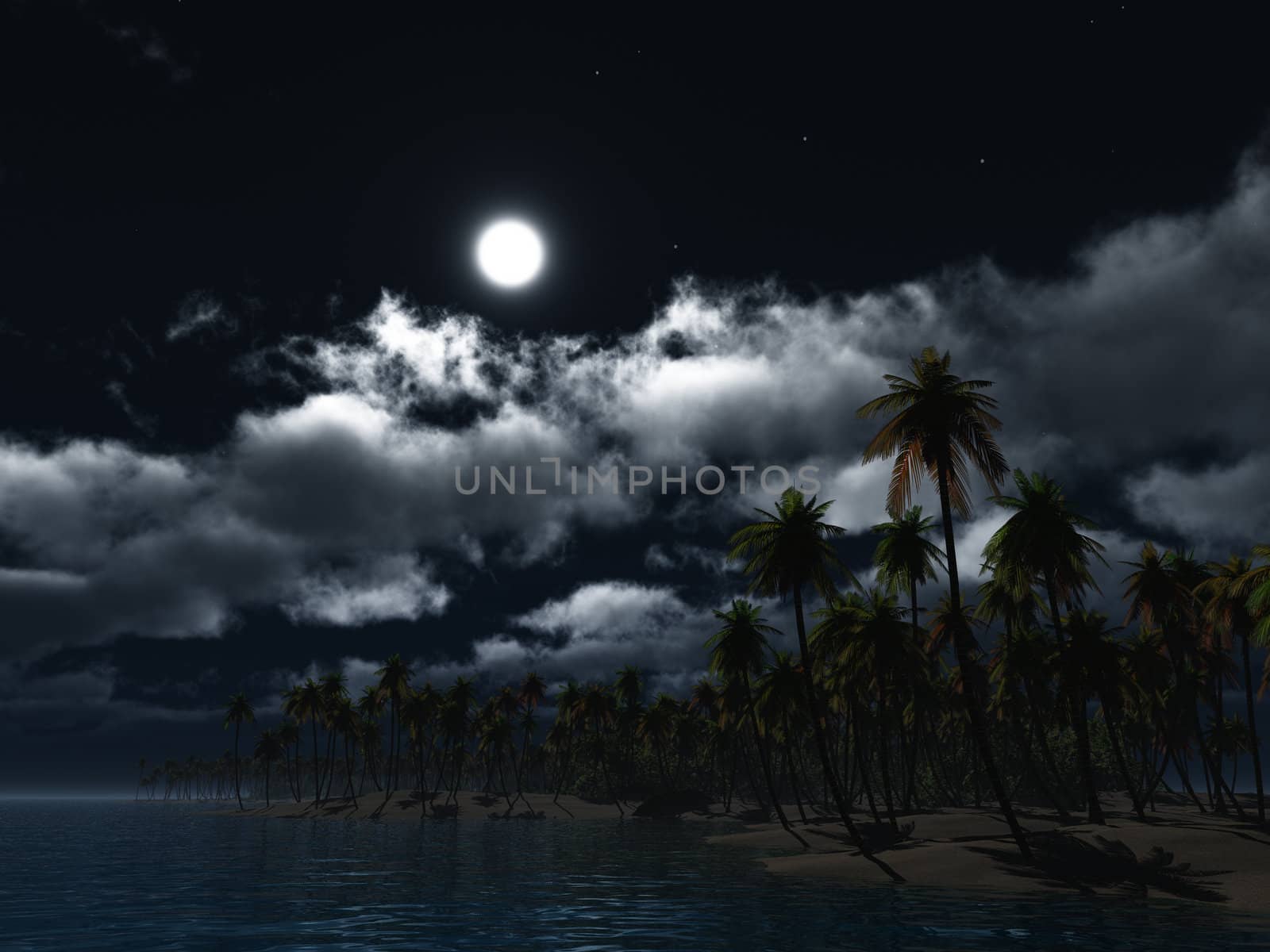 a small dream island by night in the moonlight