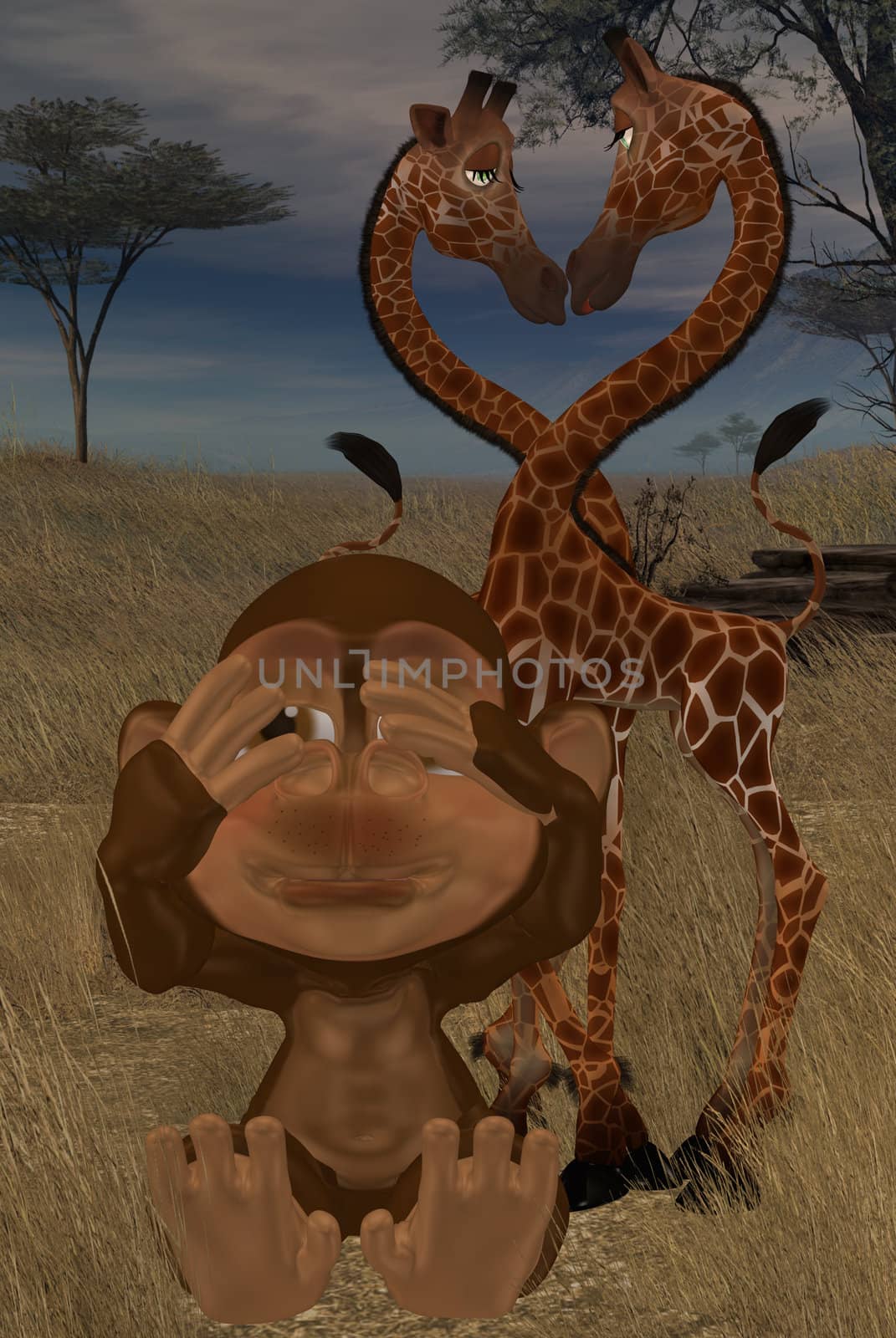 the little monkey hide from the amorous giraffes