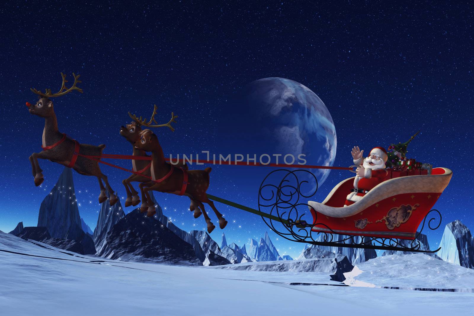 Santa Claus is flying in his sleigh and his reindeer