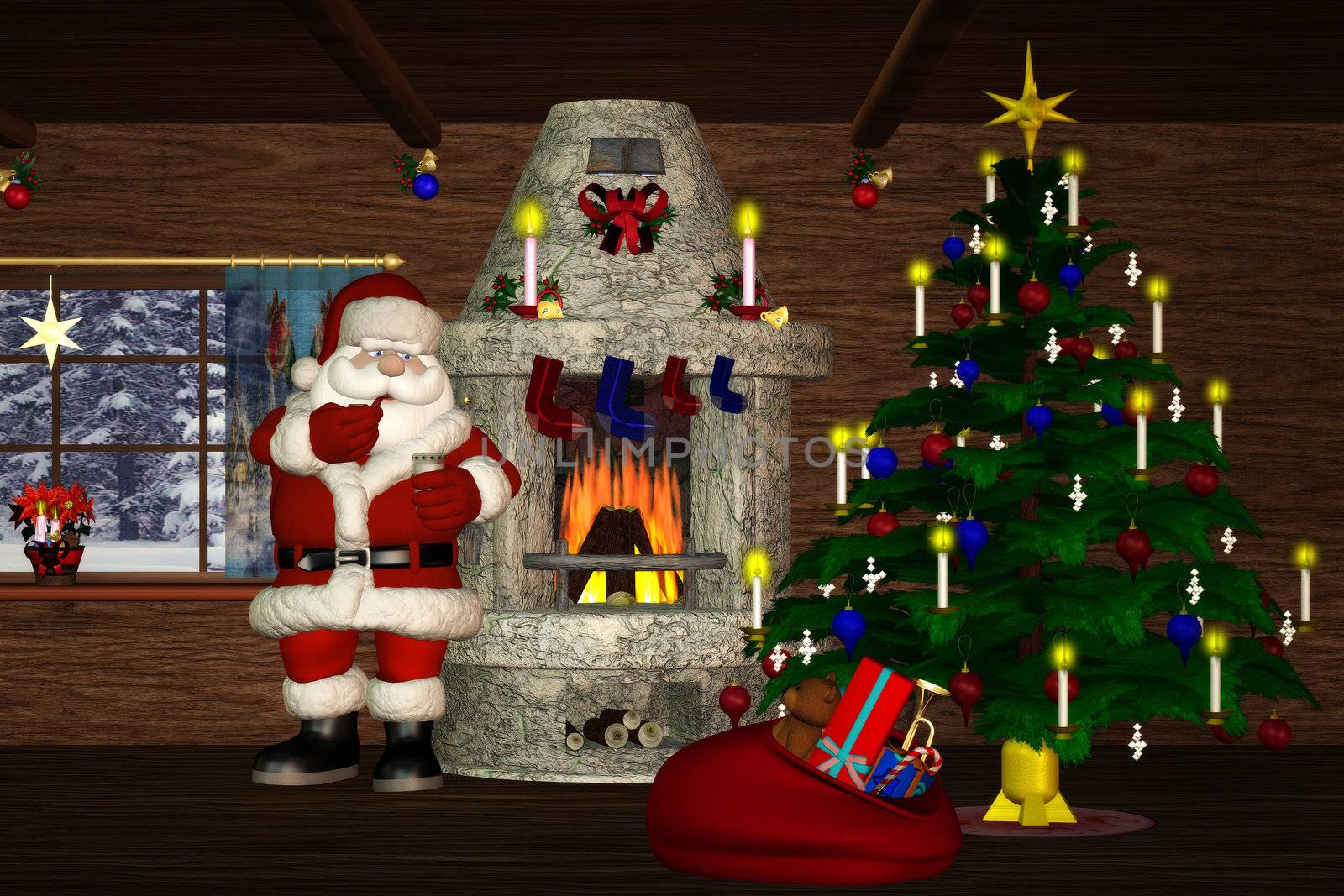 Santa Claus is smoking a pipe in front of the fireplace