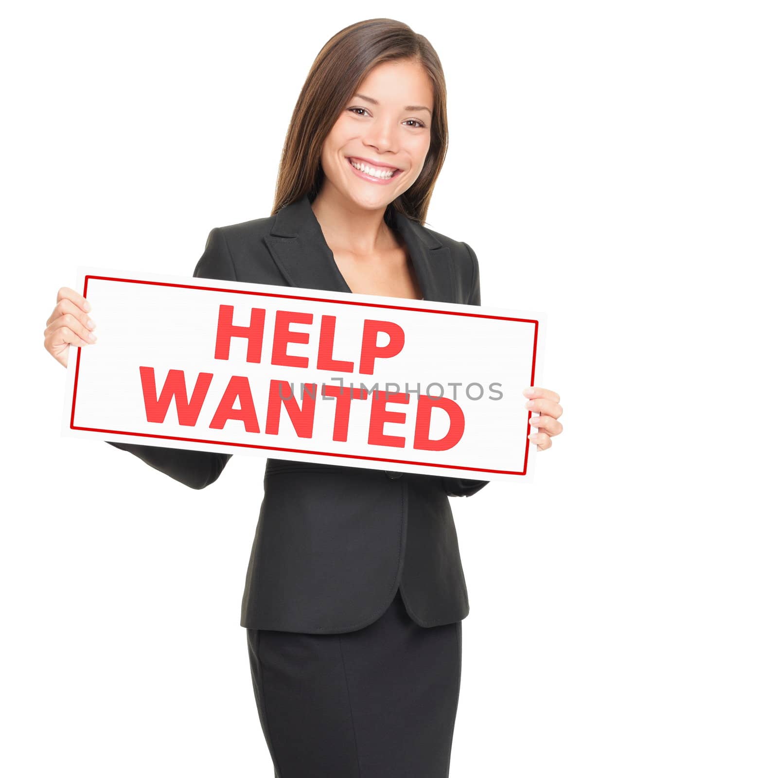 Woman holding help wanted sign. Businesswoman showing placard isolated on white background.
