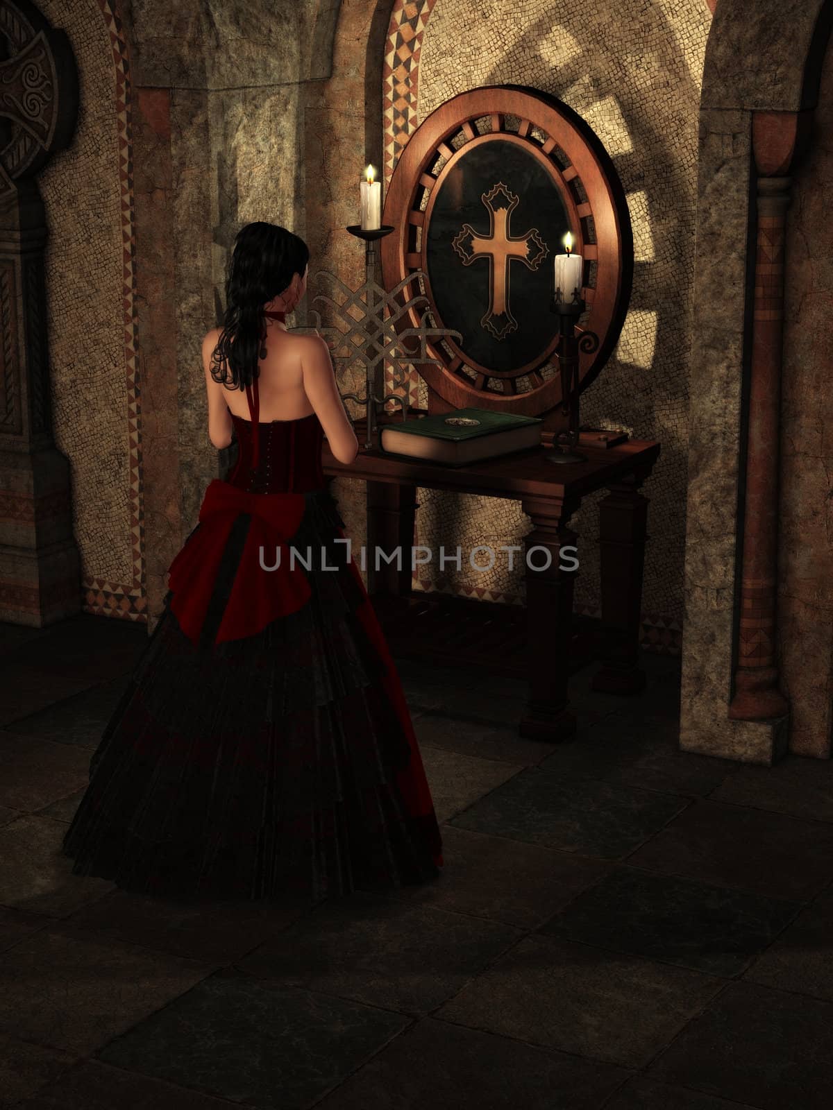 a beautiful woman praying in a church