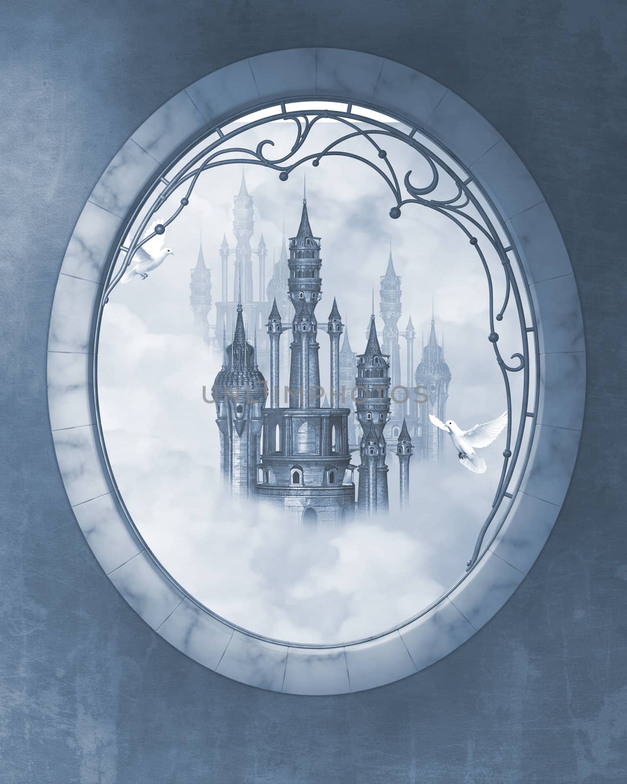 a blue fairy tale castle in the clouds