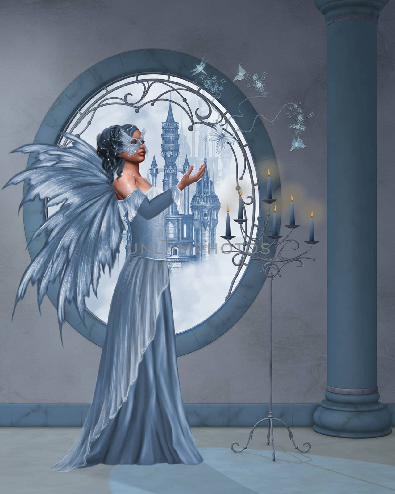 the blue fairy plays with her butterflies