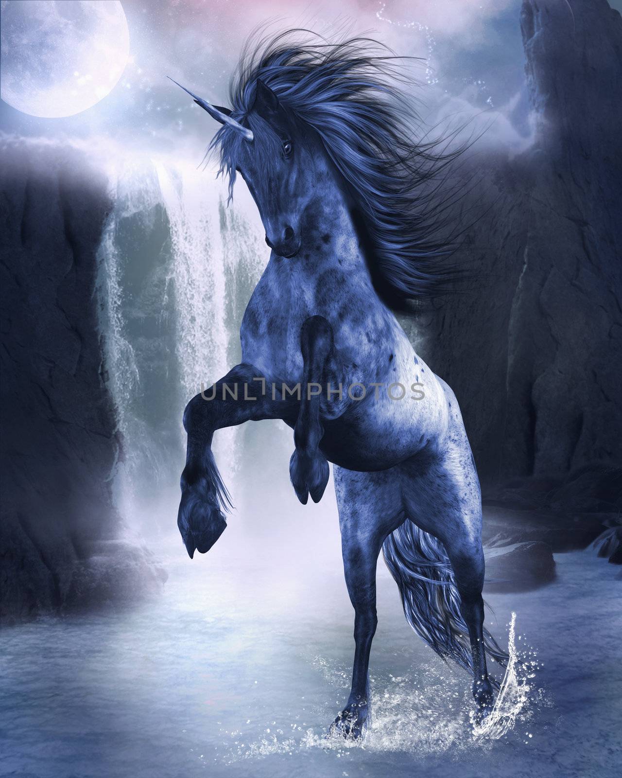 a blue Unicorn wading in the water