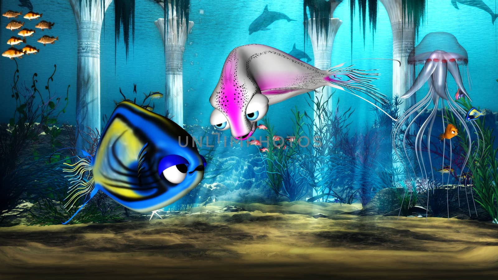 Cartoon fish love to flirt in the ocean