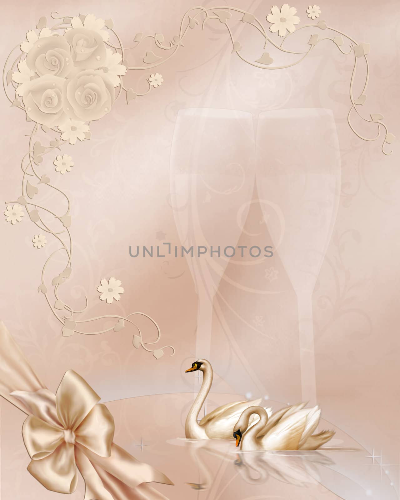 a beautiful wedding background with swans and flowers