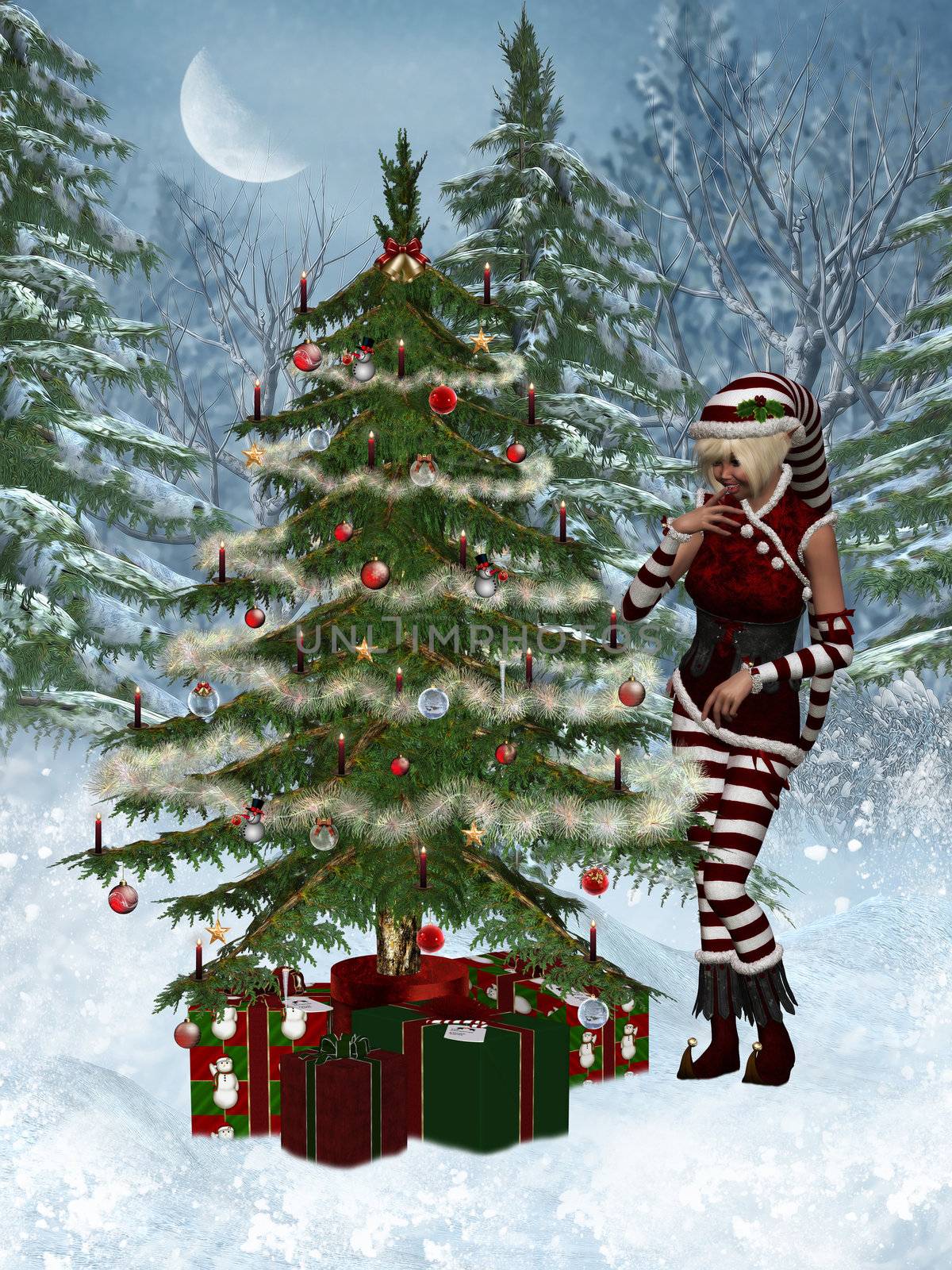 a christmas elf decorated the Christmas tree