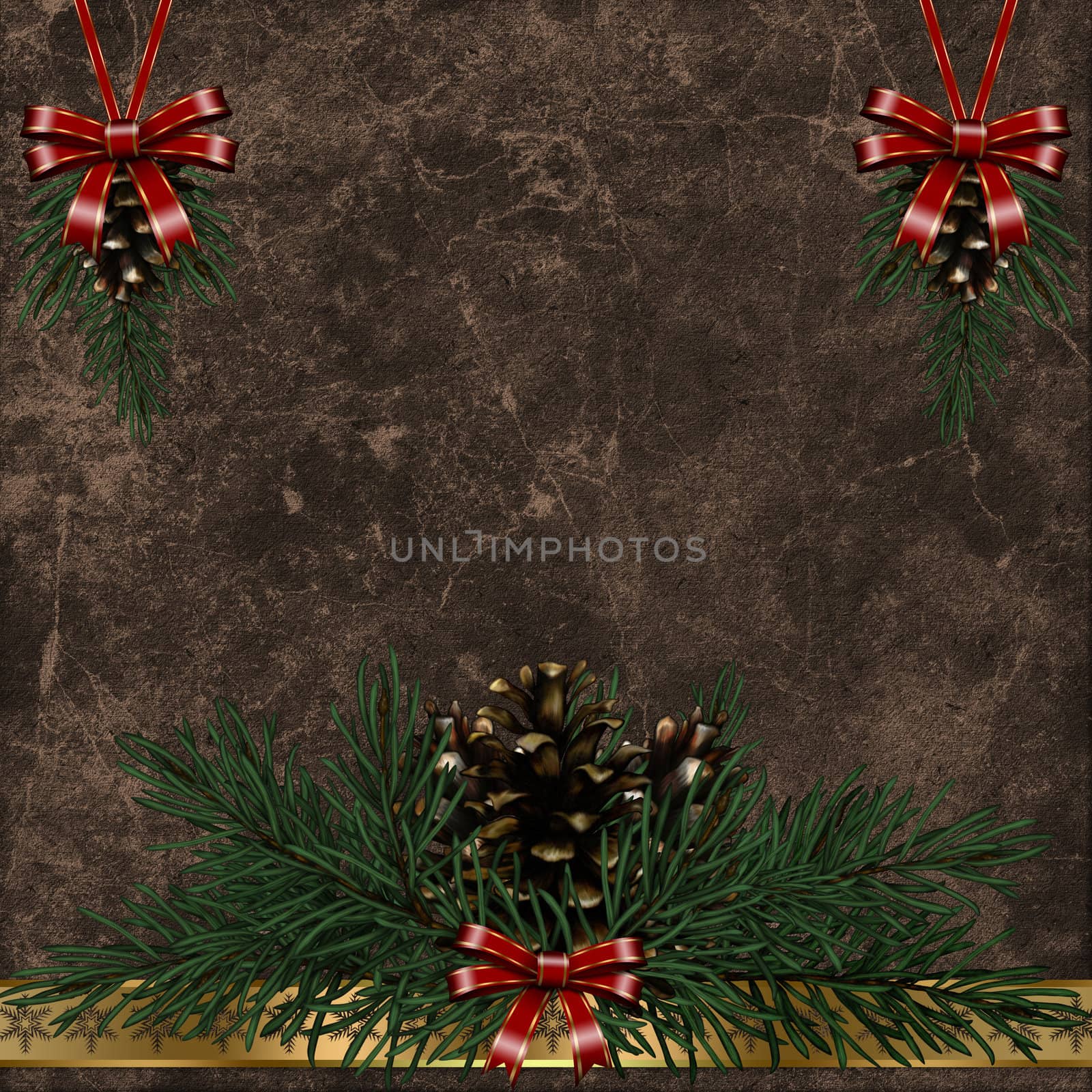 a christmas background with pine cones and ribbons