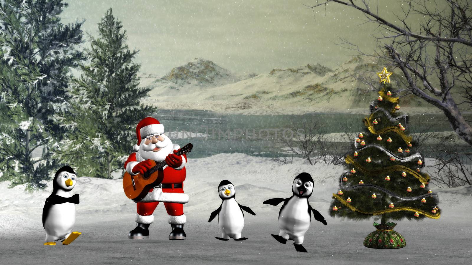 Santa Claus plays for the penguins, a Christmas song