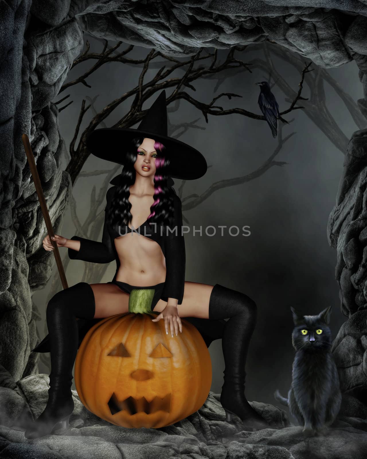 a little witch rests on a Pumpkin