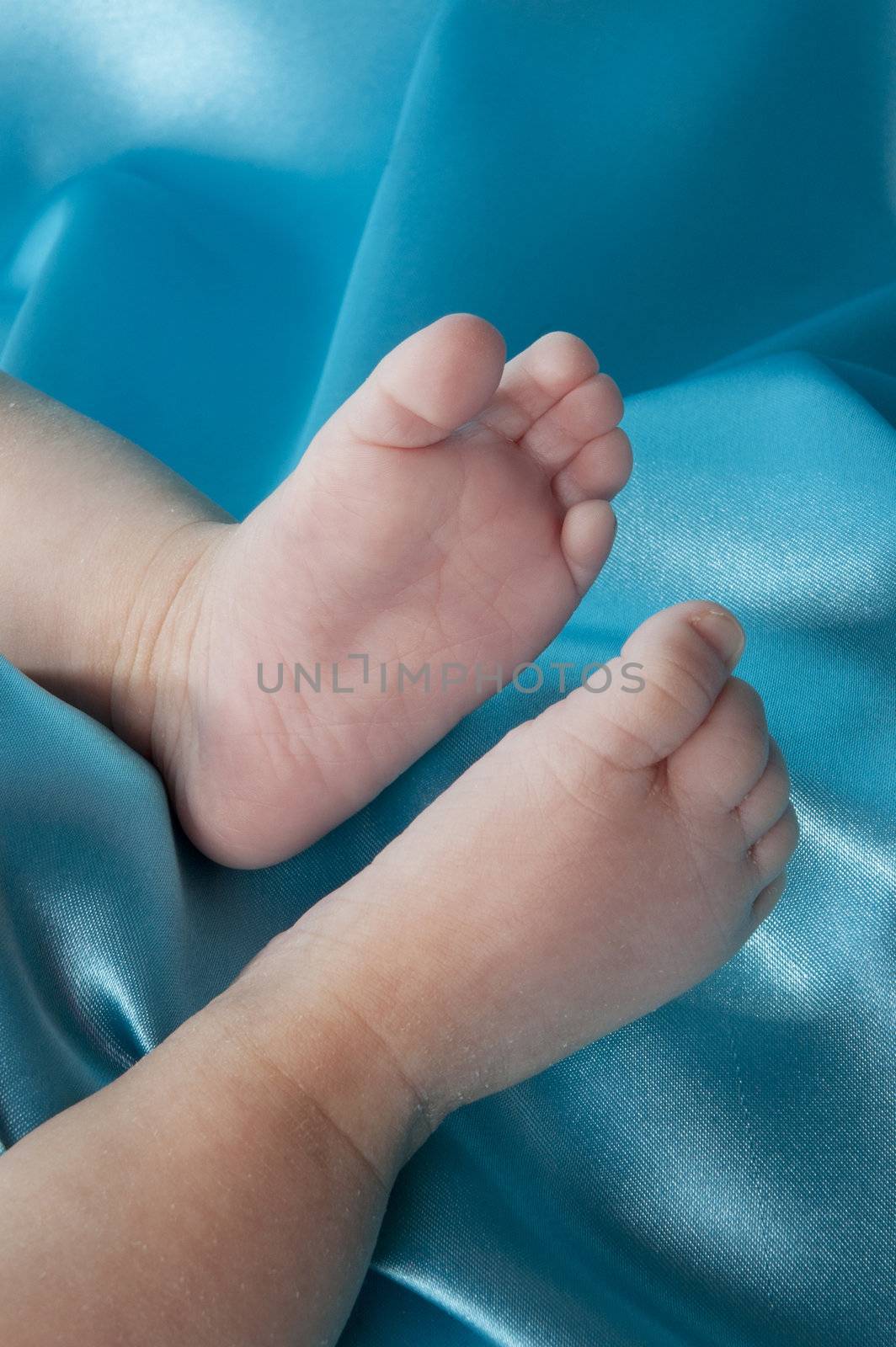 baby feet on a blue satin background by ladyminnie