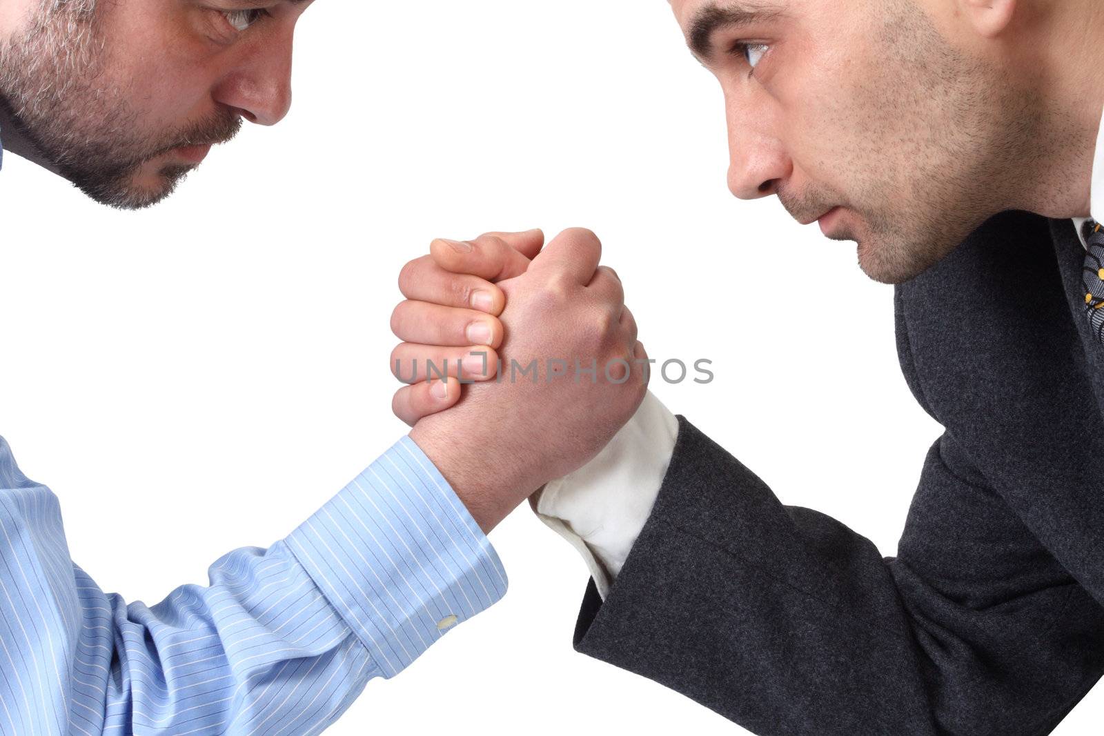 Arm wrestling in the office isolated on white background. 