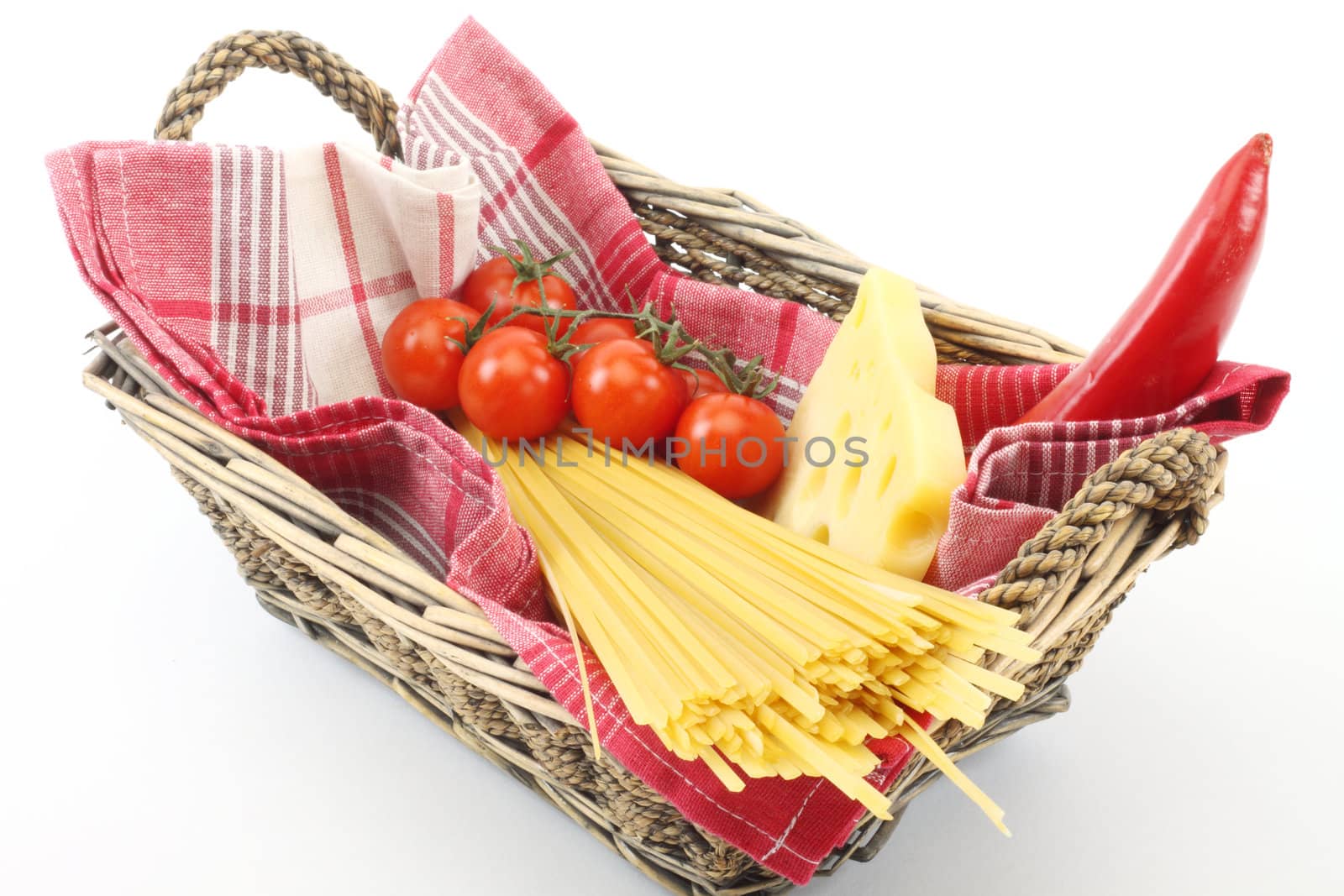 Ingredients for cooking italian pasta over white 