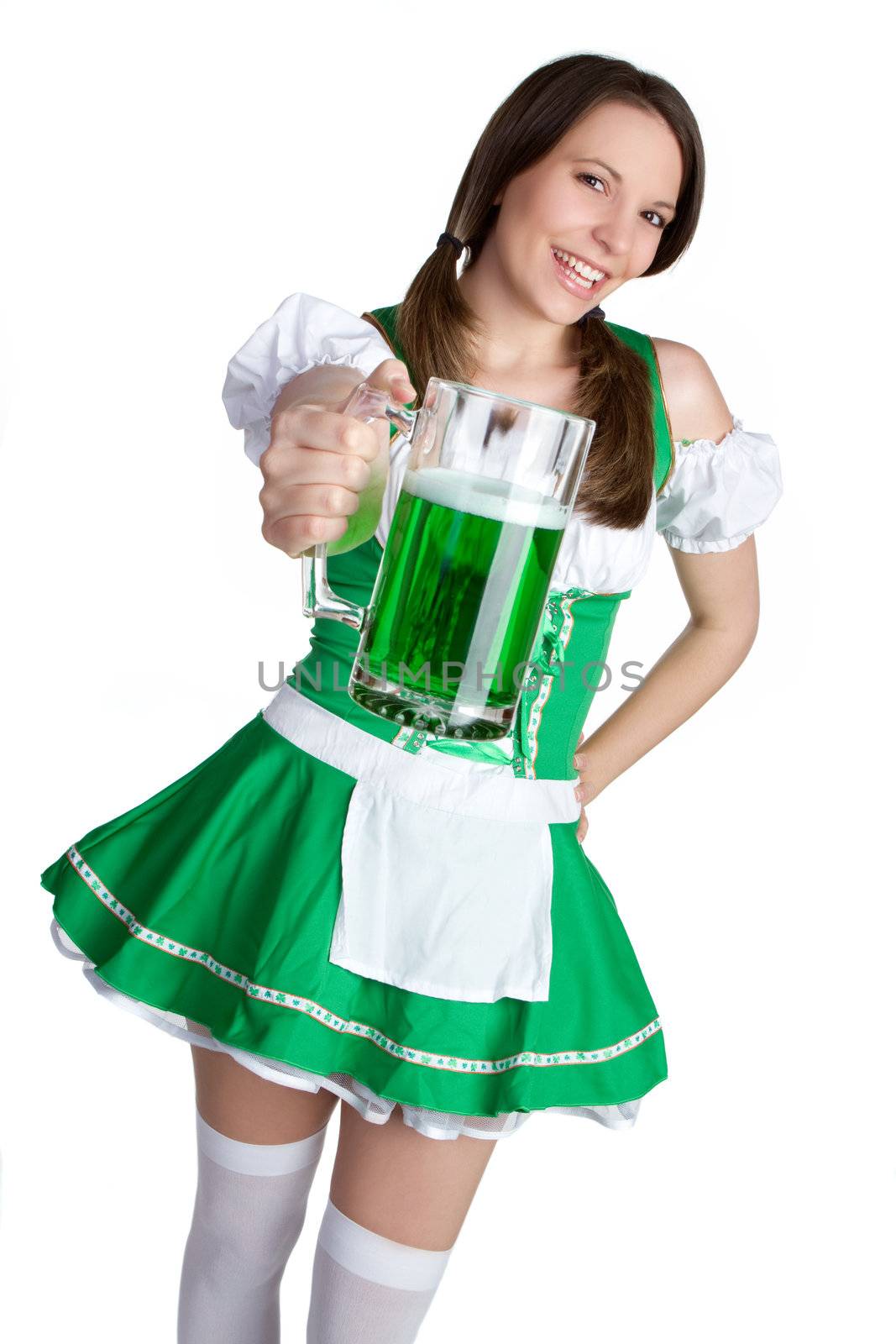 Irish woman holding green beer