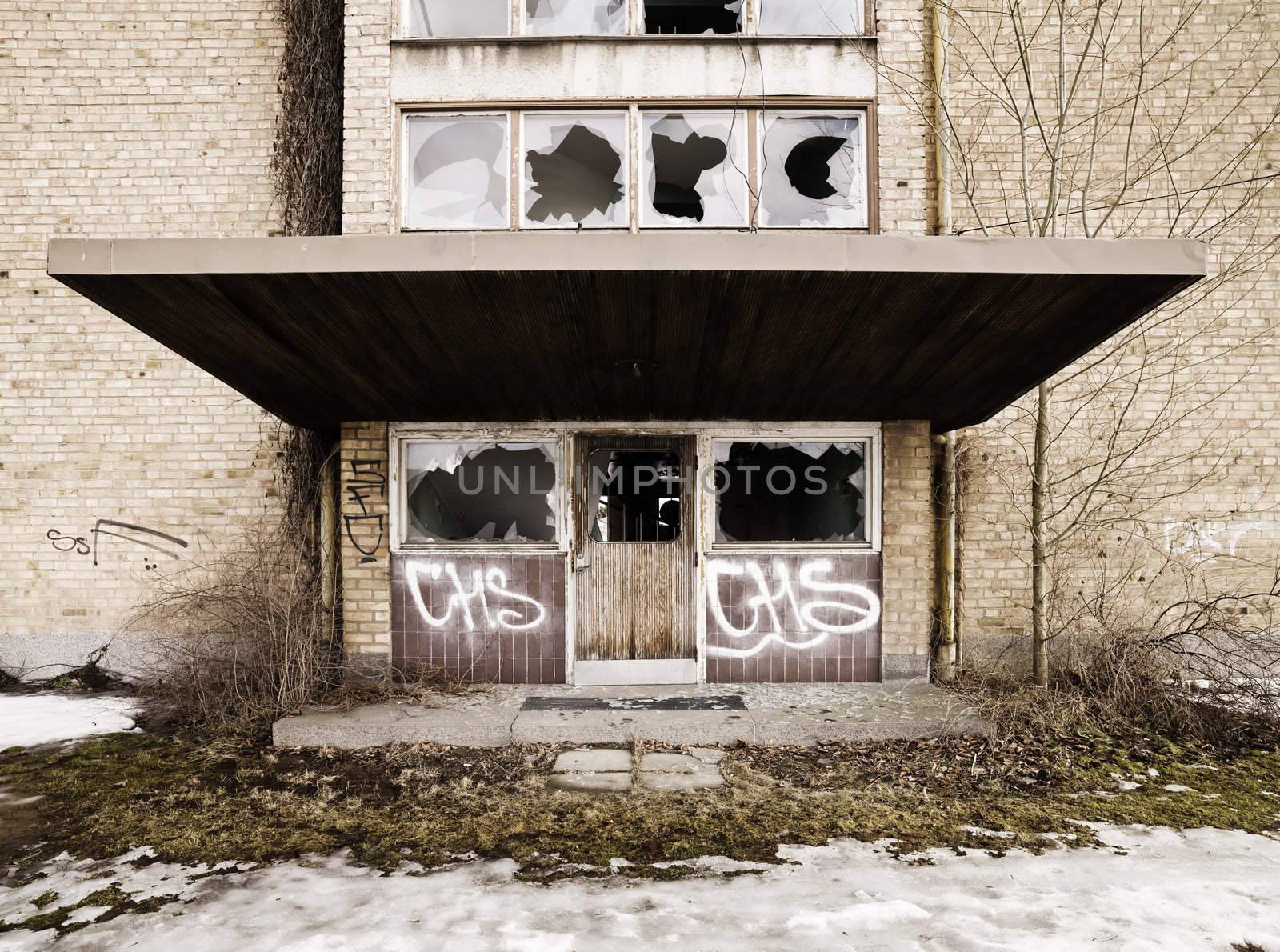 Worn Brick Wall building on  grey day