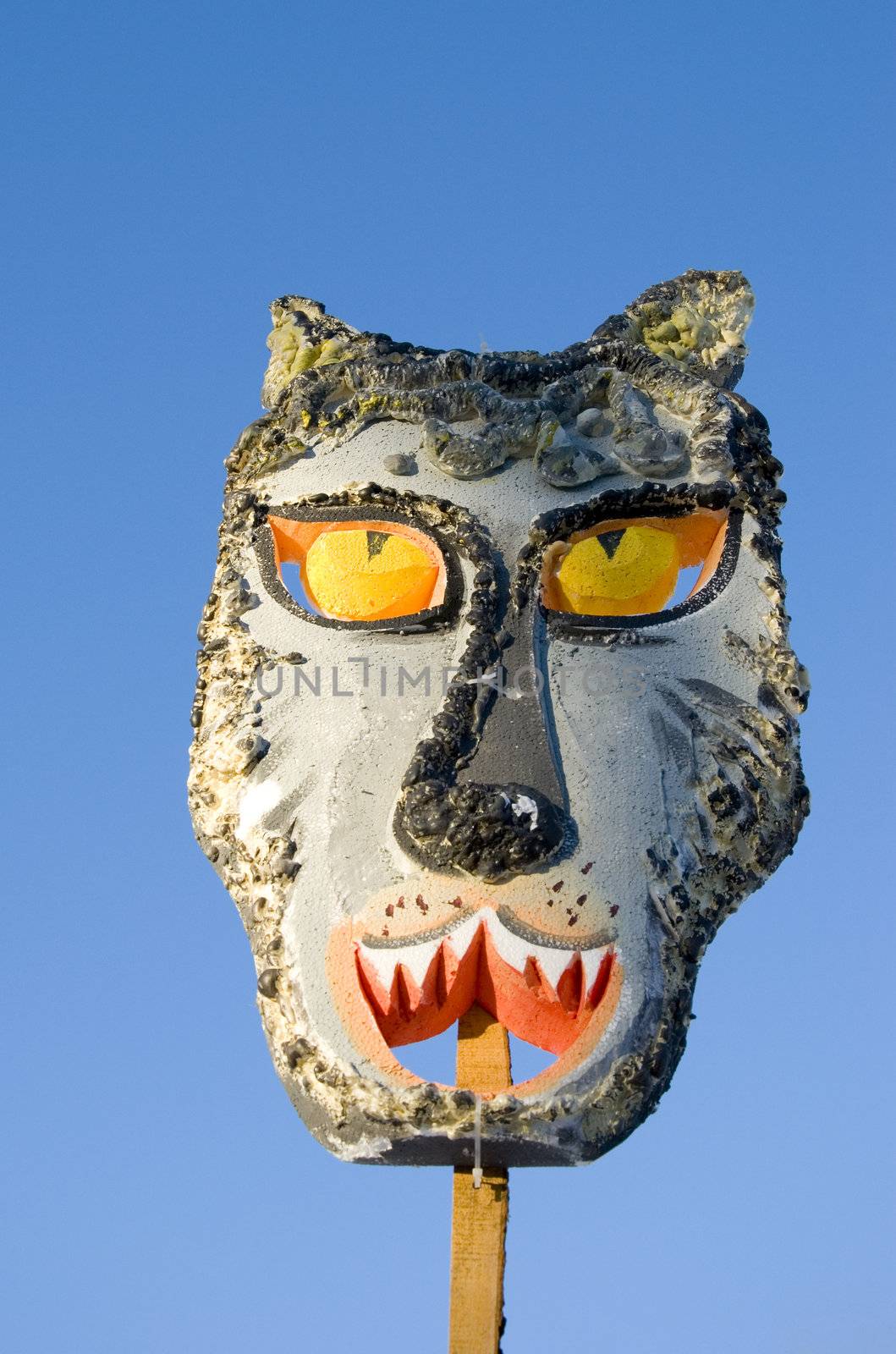 Spring feast Mardi Gras wolf mask on sky background
