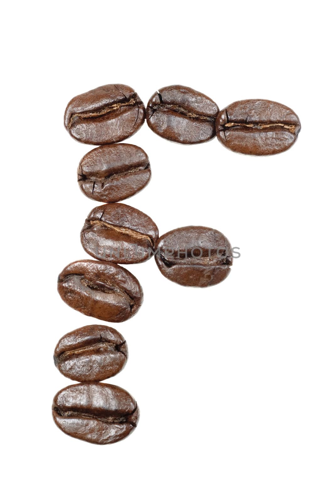 Coffee beans in a form to spell the letter "F" to be used with the other letters to spell out the word "Coffee" isolated on white