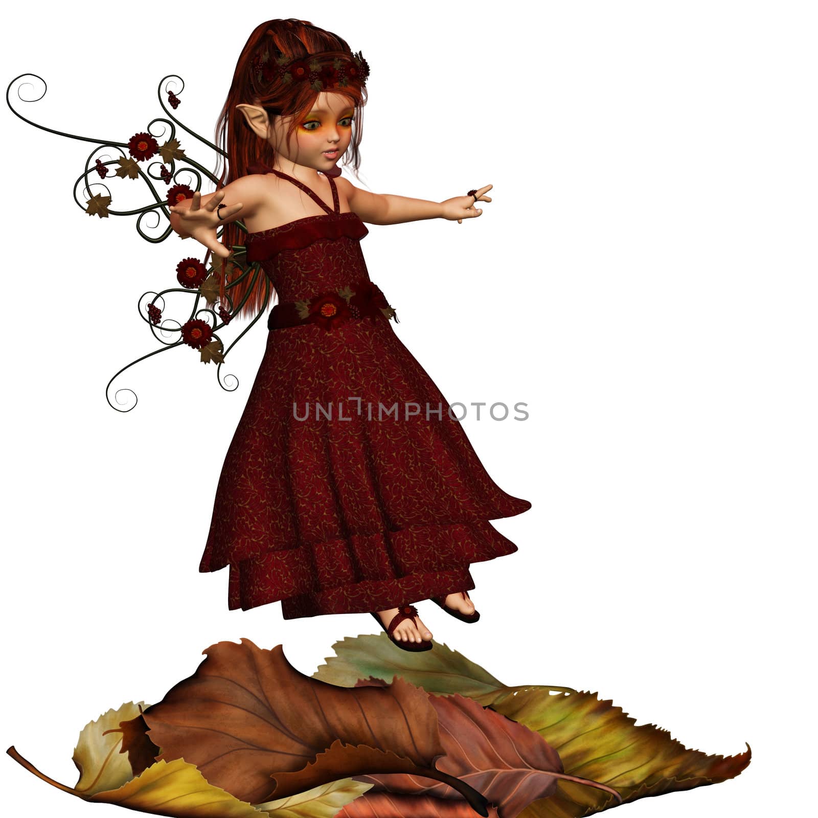a sweet autumn fairy lands on leaves - isolated on white
