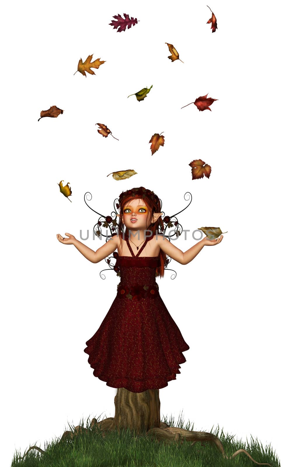 a sweet autumn fairy playing with leaves - isolated on white